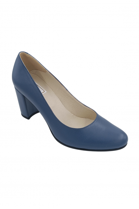 Pantofi damă eleganți, piele naturală box, toc mediu gros îmbrăcat, albastru, SANDALI [2]