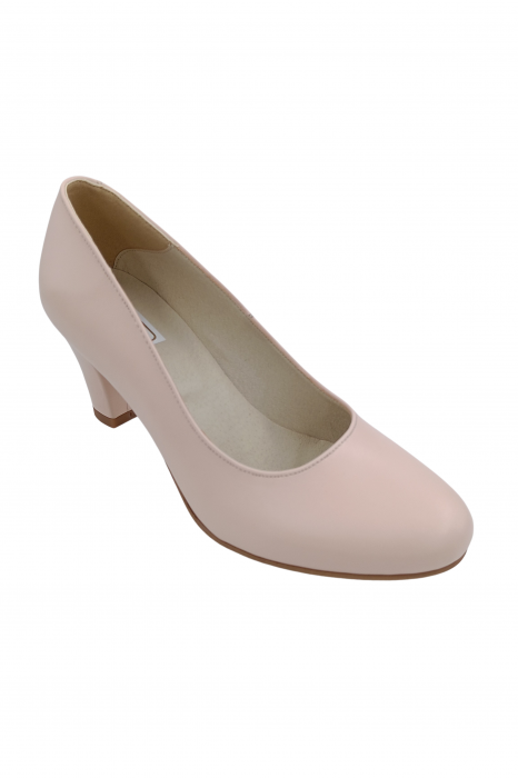 Pantofi damă eleganți, piele naturală box, toc mediu gros îmbrăcat, bej-roz, SANDALI [2]