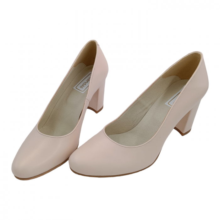 Pantofi damă eleganți, piele naturală box, toc mediu gros îmbrăcat, bej roz, SANDALI [4]