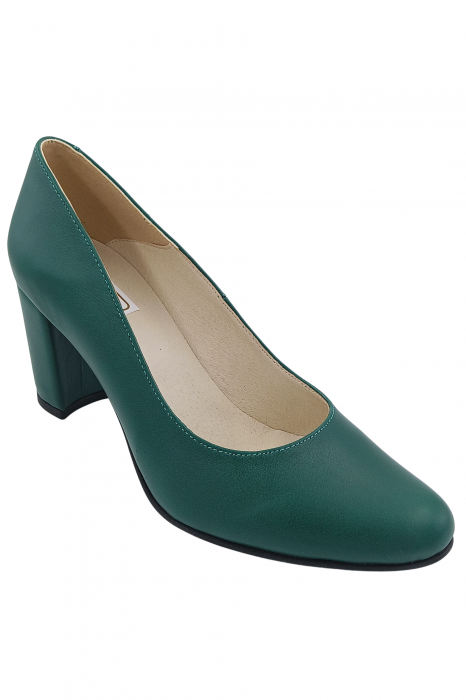 Pantofi damă eleganți, piele naturală box, toc mediu gros îmbrăcat, verde. SANDALI [2]