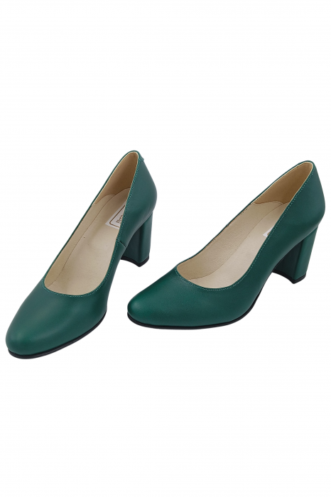Pantofi damă eleganți, piele naturală box, toc mediu gros îmbrăcat, verde. SANDALI [4]