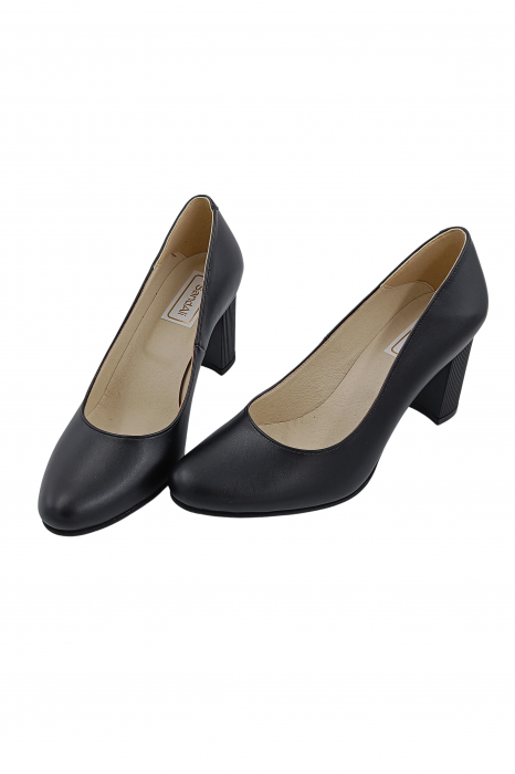 Pantofi damă eleganți, piele naturală box, toc mediu gros striați, negru, SANDALI [4]