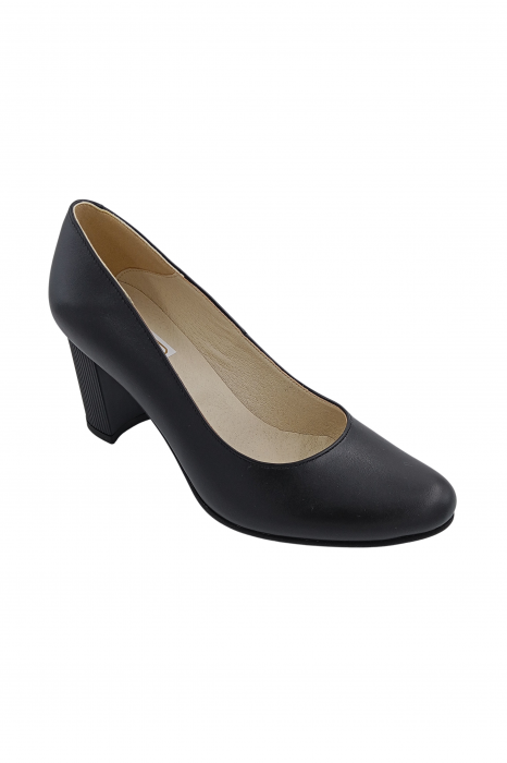 Pantofi damă eleganți, piele naturală box, toc mediu gros striați, negru, SANDALI [2]