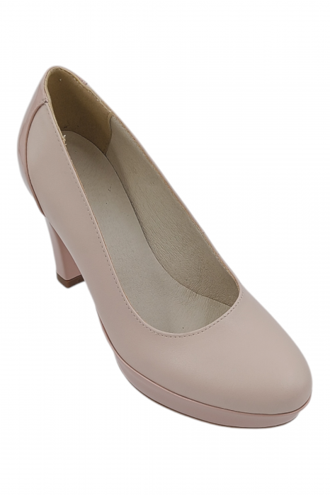 Pantofi damă eleganți, piele naturală cu lac, vârf rotund, toc înalt îmbrăcat, bej-roz [3]
