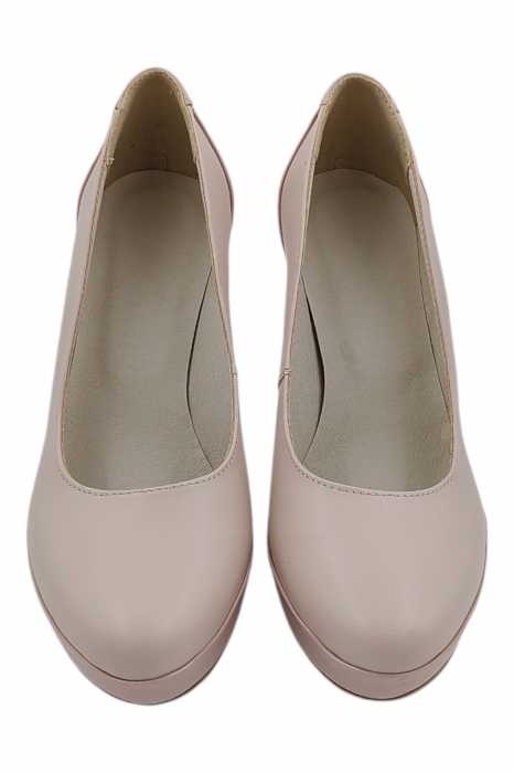 Pantofi damă eleganți, piele naturală cu lac, vârf rotund, toc înalt îmbrăcat, bej-roz [5]