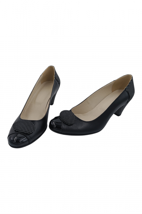 Pantofi damă eleganți, piele naturală, vârf rotund, toc mic si conic, negru [6]