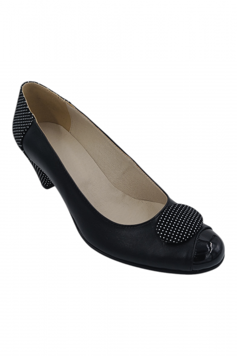 Pantofi damă eleganți, piele naturală, vârf rotund, toc mic si conic, negru [3]