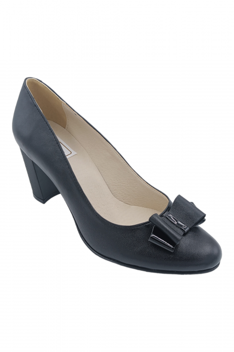 Pantofi damă eleganți, piele naturală, fundă, toc mediu gros striați, negru, Sandali [2]
