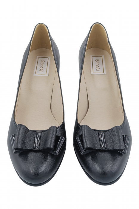 Pantofi damă eleganți, piele naturală, fundă, toc mediu gros striați, negru, Sandali [4]
