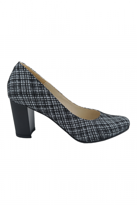 Pantofi damă eleganți, piele naturală imprimeu carouri albe, toc mediu gros striați, SANDALI [2]