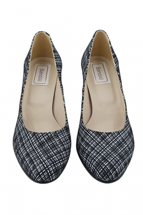 Pantofi damă eleganți, piele naturală imprimeu carouri albe, toc mediu gros striați, SANDALI [4]