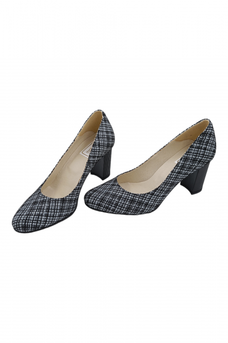 Pantofi damă eleganți, piele naturală imprimeu carouri albe, toc mediu gros striați, SANDALI [5]