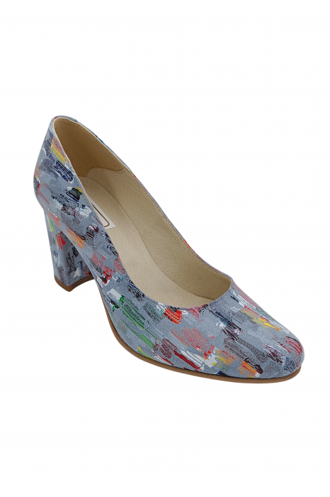 Pantofi damă eleganți, piele naturală imprimeu picasso, toc mediu gros îmbrăcat, bleo, SANDALI [2]