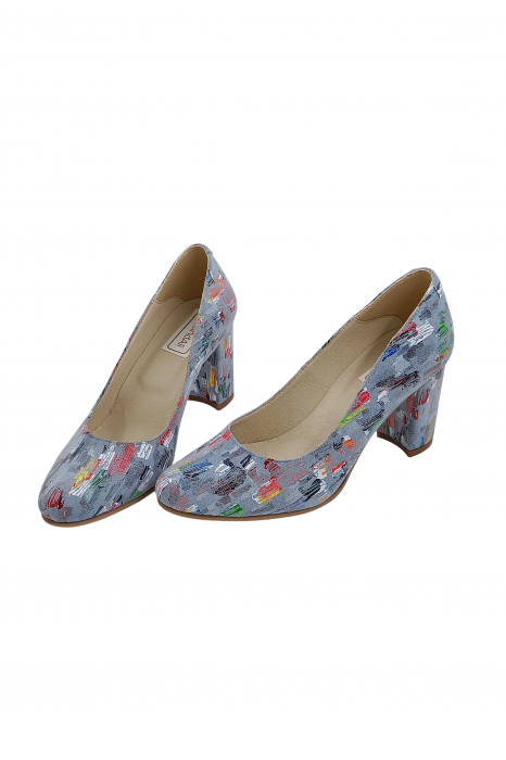 Pantofi damă eleganți, piele naturală imprimeu picasso, toc mediu gros îmbrăcat, bleo, SANDALI [4]