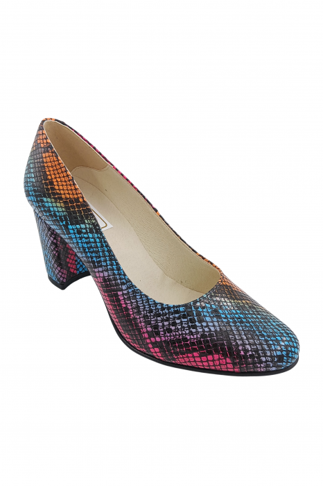 Pantofi damă eleganți, piele naturală imprimeu șarpe, toc gros îmbrăcat, multicolor, SANDALI [2]