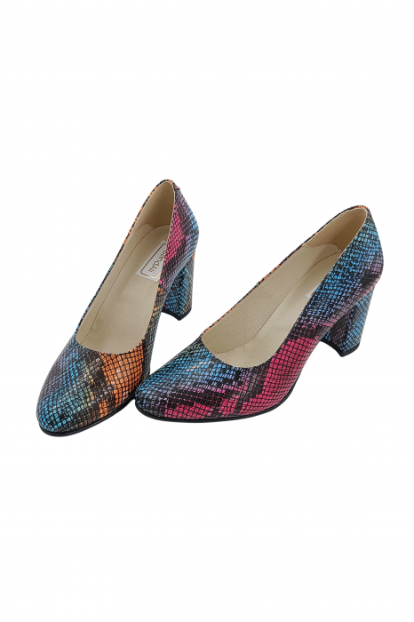 Pantofi damă eleganți, piele naturală imprimeu șarpe, toc gros îmbrăcat, multicolor, SANDALI [4]
