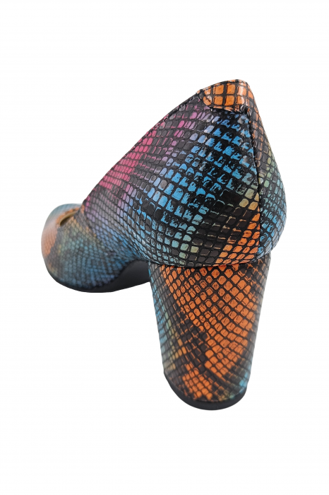 Pantofi damă eleganți, piele naturală imprimeu șarpe, toc gros îmbrăcat, multicolor, SANDALI [3]