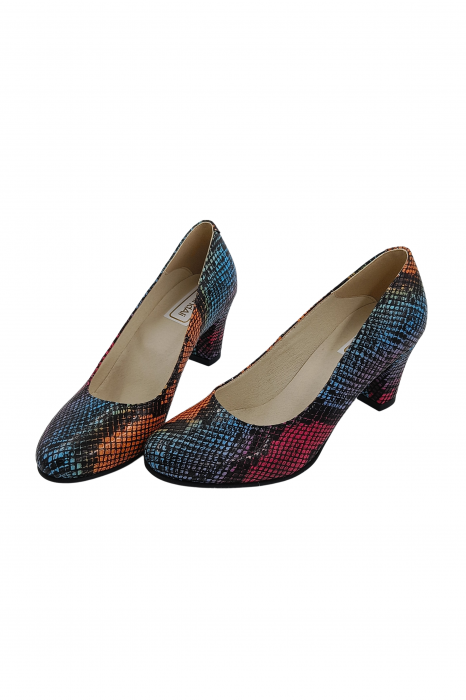 Pantofi damă eleganți, piele naturală imprimeu șarpe, toc mediu gros îmbrăcat, multicolor, SANDALI [4]