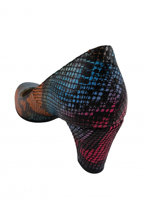 Pantofi damă eleganți, piele naturală imprimeu șarpe, toc mediu gros îmbrăcat, multicolor, SANDALI [3]