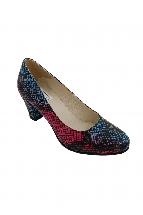 Pantofi damă eleganți, piele naturală imprimeu șarpe, toc mediu gros îmbrăcat, multicolor, SANDALI [2]