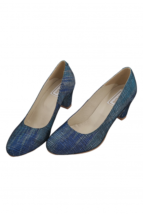 Pantofi damă eleganți, piele naturală imprimeu, toc mediu gros îmbrăcat, albastru turcoaz argint, SANDALI [4]