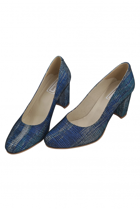 Pantofi damă eleganți, piele naturală imprimeu, toc mediu gros îmbrăcat, albastru turcoaz argint. SANDALI [4]