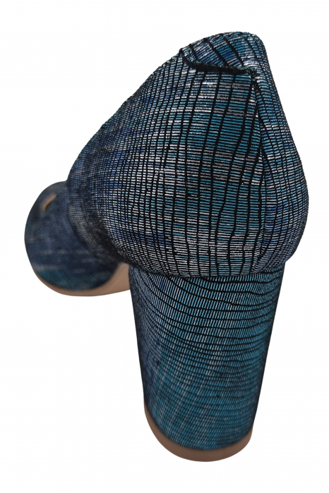 Pantofi damă eleganți, piele naturală imprimeu, toc mediu gros îmbrăcat, albastru turcoaz argint. SANDALI [3]