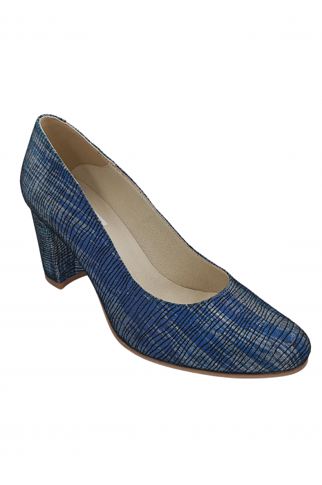 Pantofi damă eleganți, piele naturală imprimeu, toc mediu gros îmbrăcat, albastru turcoaz argint. SANDALI [2]