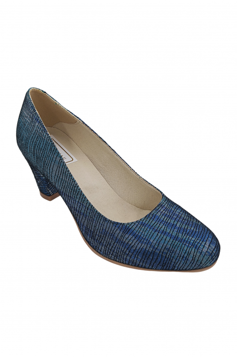 Pantofi damă eleganți, piele naturală imprimeu, toc mediu gros îmbrăcat, albastru turcoaz argint, SANDALI [2]