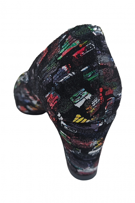 Pantofi damă eleganți, piele naturală imprimeu, toc mediu gros îmbrăcat, negru picasso, SANDALI [2]