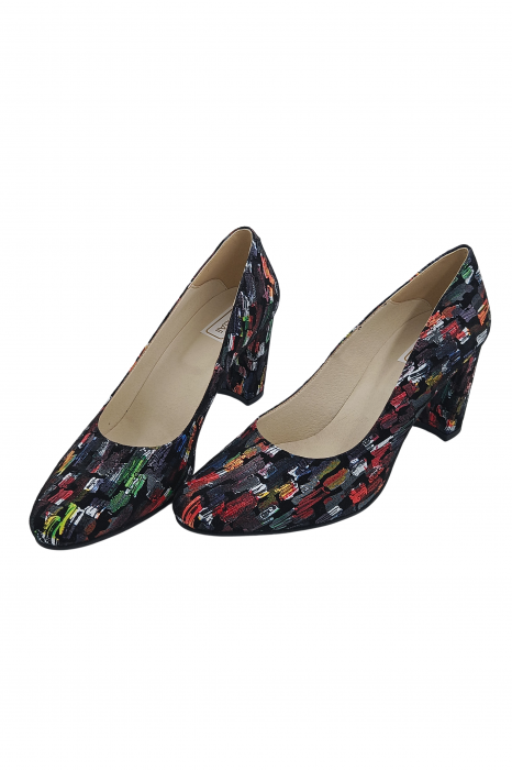 Pantofi damă eleganți, piele naturală imprimeu, toc mediu gros îmbrăcat, negru picasso, SANDALI [3]