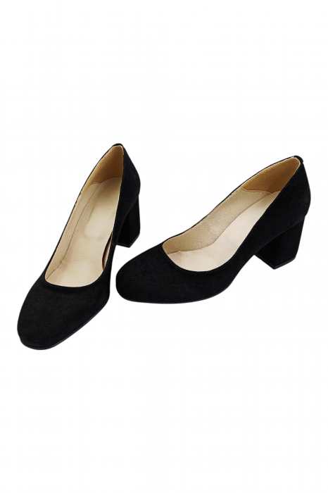Pantofi damă eleganți, piele naturală întoarsă, vârf pătrat, toc gros, negru [5]