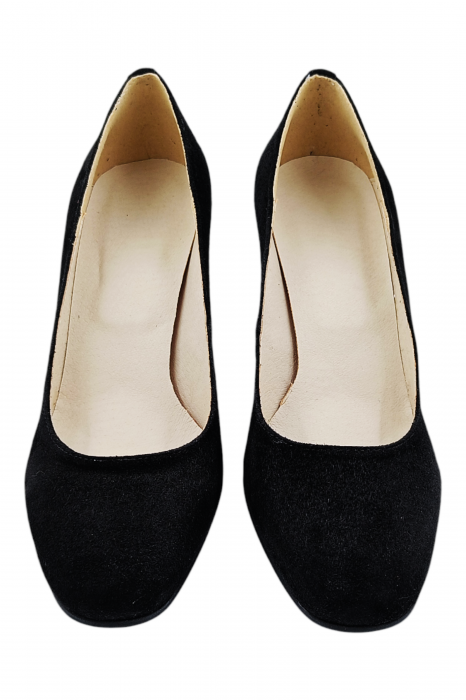 Pantofi damă eleganți, piele naturală întoarsă, vârf pătrat, toc gros, negru [4]