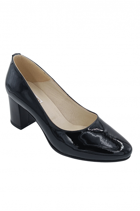Pantofi damă eleganți, piele naturală lăcuită, toc gros, negru. SANDALI [2]