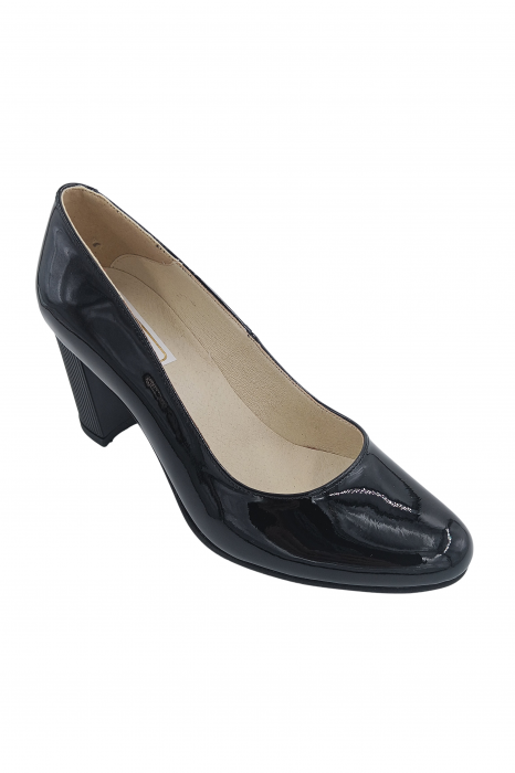Pantofi damă eleganți, piele naturală lăcuită, toc mediu gros, cu striați, negru. SANDALI [2]