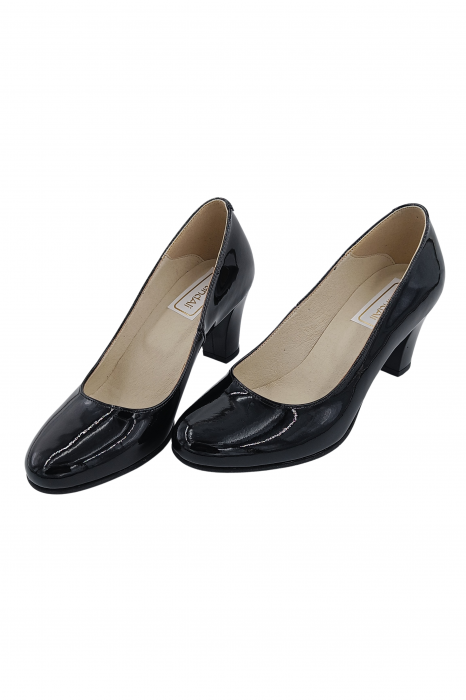 Pantofi damă eleganți, piele naturală lacuită, toc mediu gros, negru, SANDALI [4]