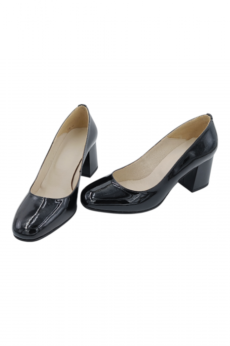 Pantofi damă eleganți, piele naturală lăcuită, vârf pătrat, toc gros, negru [5]