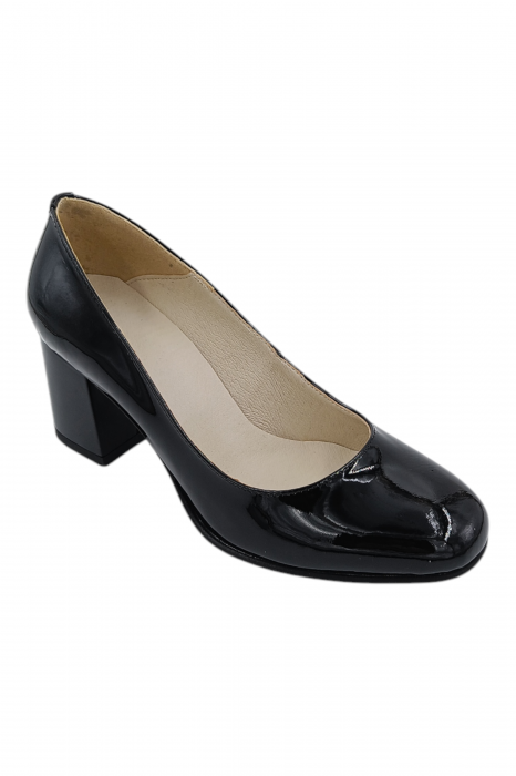 Pantofi damă eleganți, piele naturală lăcuită, vârf pătrat, toc gros, negru [2]