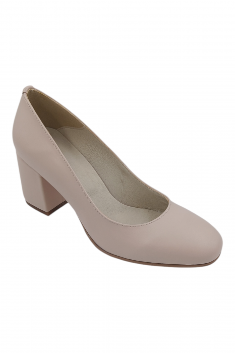 Pantofi damă eleganți, piele naturală, vârf pătrat, toc gros, bej roz [2]
