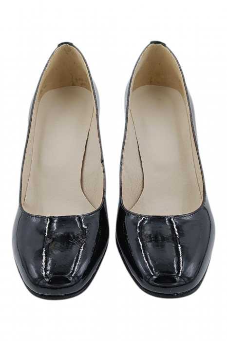 Pantofi damă eleganți, piele naturală lăcuită, vârf pătrat, toc gros, negru [4]