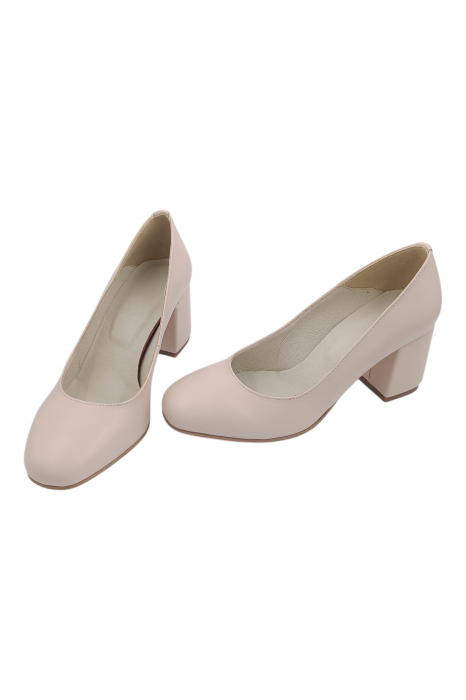 Pantofi damă eleganți, piele naturală, vârf pătrat, toc gros, bej roz [5]