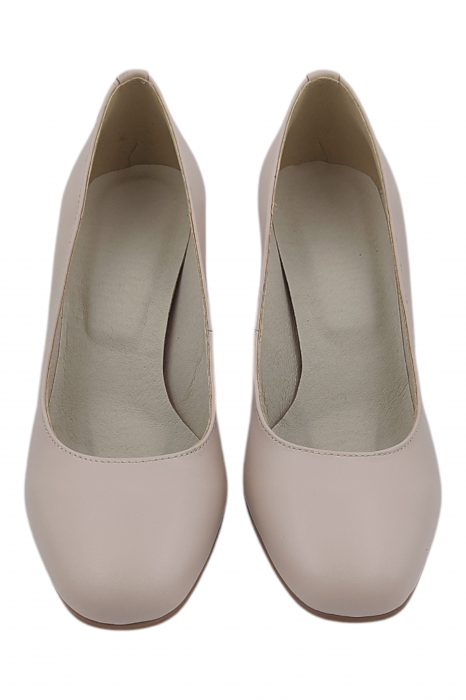 Pantofi damă eleganți, piele naturală, vârf pătrat, toc gros, bej roz [4]