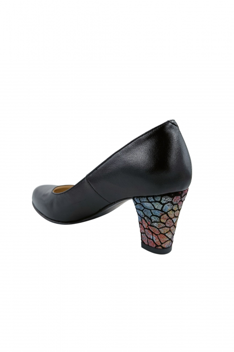Pantofi dama eleganti, piele naturala neagra, toc mediu gros imbracat imprimeu mozaic, Sandali [3]