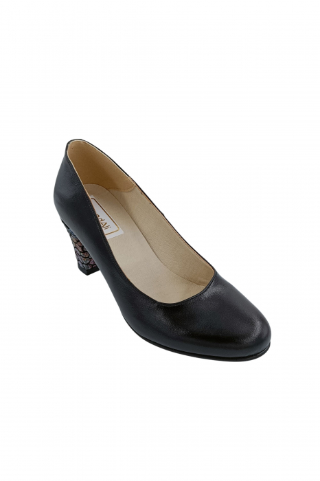 Pantofi dama eleganti, piele naturala neagra, toc mediu gros imbracat imprimeu mozaic, Sandali [2]