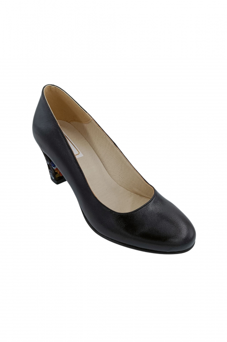 Pantofi dama eleganti, piele naturala neagra, toc mediu gros imbracat imprimeu picasso, Sandali [2]
