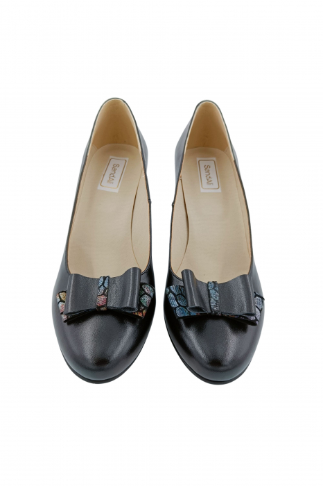 Pantofi dama eleganti, piele naturala, negru cu funda, toc mediu gros imbracat cu mozaic, Sandali [4]