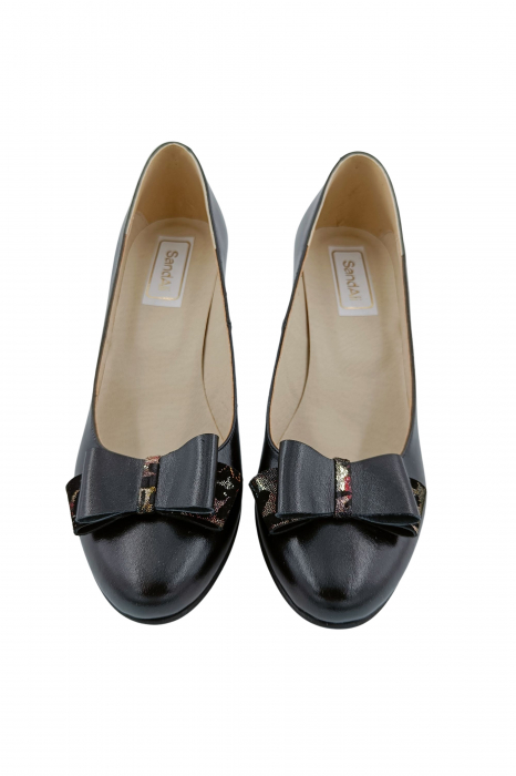 Pantofi dama eleganti, piele naturala, negru cu funda, toc mediu gros imbracat imprimeu de flori, Sandali [4]