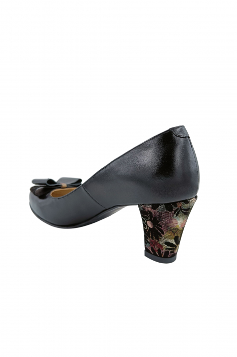 Pantofi dama eleganti, piele naturala, negru cu funda, toc mediu gros imbracat imprimeu de flori, Sandali [3]