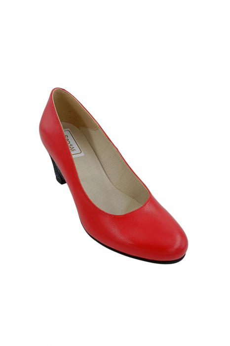 Pantofi dama eleganti, piele naturala rosu, toc mediu gros imbracat cu linii colorate, Sandali [2]
