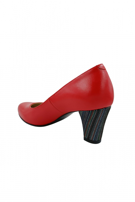 Pantofi dama eleganti, piele naturala rosu, toc mediu gros imbracat cu linii colorate, Sandali [3]